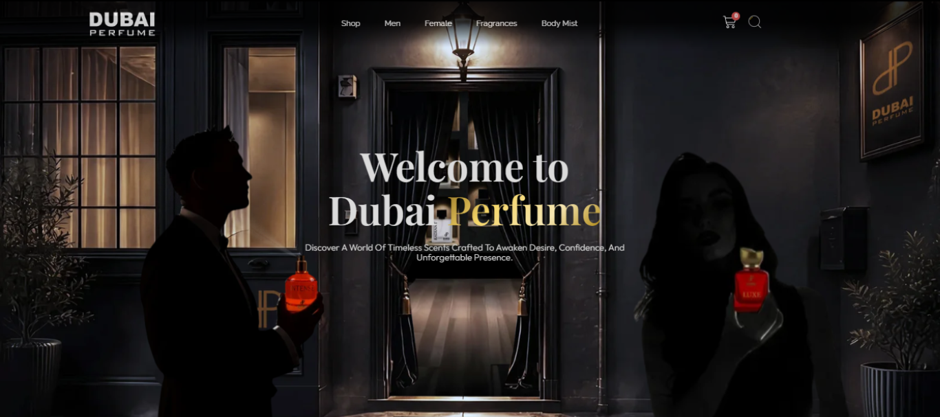 Dubai Perfume Demo website homepage hero and navigation preview